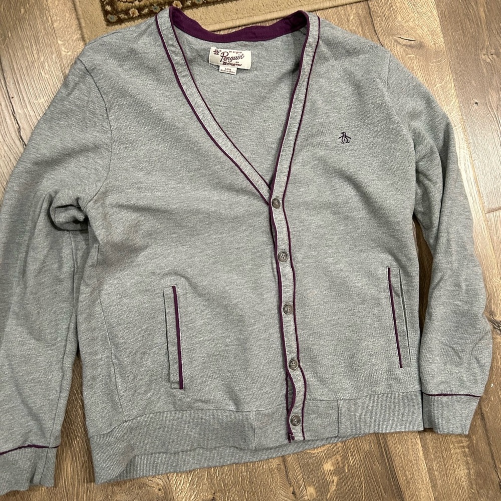 Original Penguin Gray and Purple Men's Cardigan Sweater